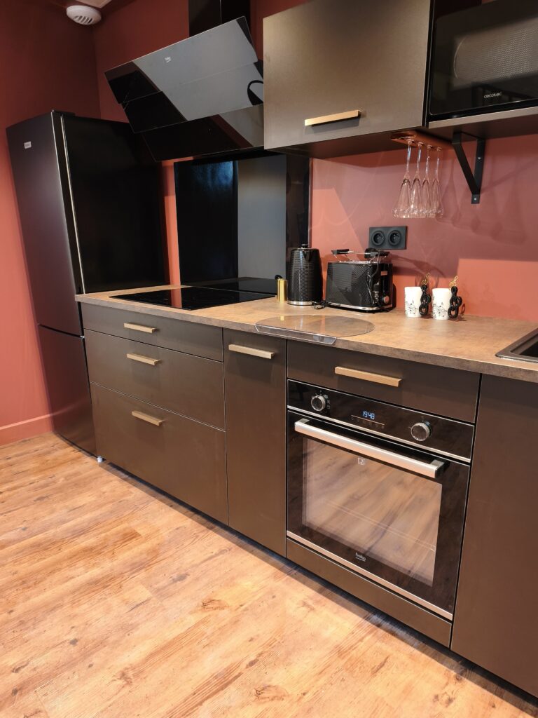 cuisine entièrement équipée avec grand frigo-congélateur, plaque induction 4 feux ainsi qu'un lave-vaisselle afin de pouvoir séjourner plusieurs jours en toute autonomie