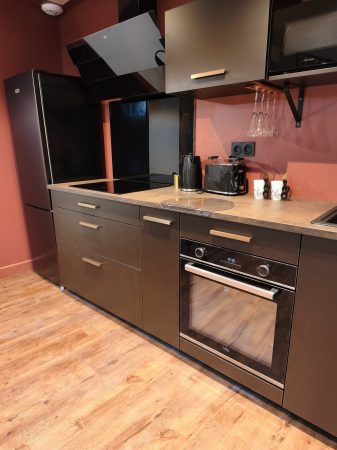 cuisine entièrement équipée avec grand frigo-congélateur, plaque induction 4 feux ainsi qu'un lave-vaisselle afin de pouvoir séjourner plusieurs jours en toute autonomie